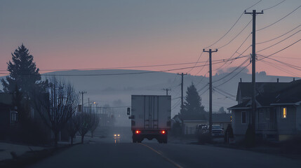 Sleepy Town at Dawn with Milk Truck
