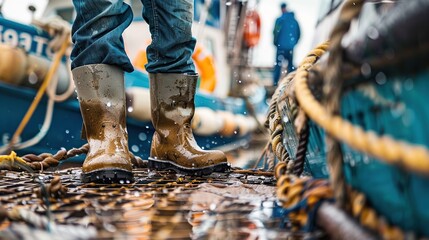 A fisherman stands on a boat, decked in protective gear, amid a marine setting suggesting themes of seafood industry or nautical lifestyle, the photograph exudes a strong sense of daily labor - obrazy, fototapety, plakaty