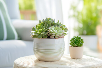Succulent Plants in Modern Home Decor. Two potted succulent plants on a wooden table with a cozy home interior background, exemplifying modern and minimalistic home decor.