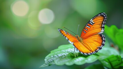 Fototapeta na wymiar A vibrant Monarch butterfly perches gracefully on a green leaf, highlighted by soft-focus background in a natural setting, perfect for environmental concepts or educational applications
