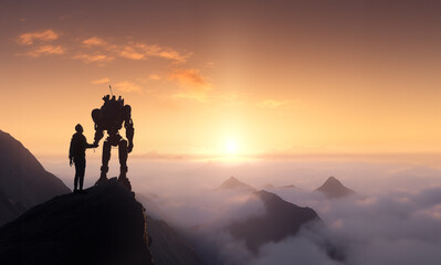 AI, artificial intelligence, robot and human win together. Collaboration humanoid and humans, people, woman, man holding their hands at the peak, summit of a mountain. Victory, partnership, teamwork
