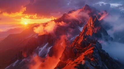 Mountain Peaks and Clouds at Sunset in Tatra Mountains