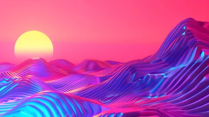Photo sur Plexiglas Rose  Synthwave Neon Mountain Landscape at Night