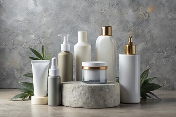 beauty products in recipients assortments on grey for mockup