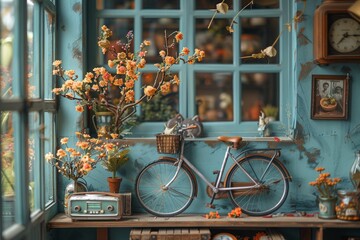A quaint scene with a vintage bicycle propped against a window adorned with lush orange blossoms and nostalgic decor