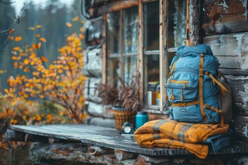 A warm-colored backpack and blanket invite adventure at a rustic wooden cabin amidst vibrant autumn foliage - Powered by Adobe
