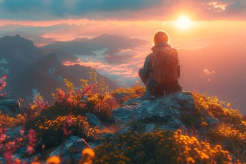 A solitary hiker sits on a rock watching a breathtaking sunset over a mountainous landscape, surrounded by vibrant wildflowers