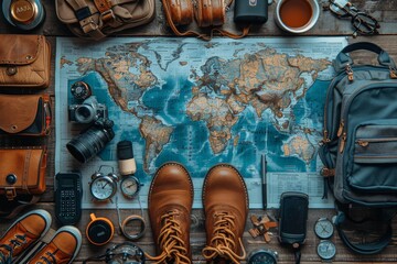 A top-down view of travel essentials neatly organized around a world map, ready for a grand adventure - Powered by Adobe