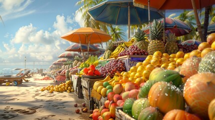 Fruit market with exotic fruits on a tropical beach with the ocean and palm trees on background....