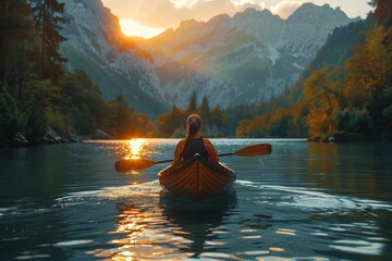 A person canoeing on a peaceful lake is silhouetted against a beautiful mountain backdrop as the...