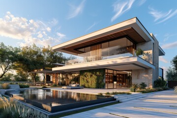 Fototapeta na wymiar A modern exterior house bathed in sunlight with pool