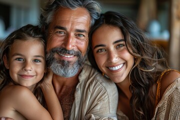 A multigenerational family portrait shows a girl with her father and grandmother smiling together