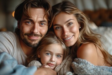 A serene family image showing a loving couple with their blue-eyed child cuddling close in a soft-lit room