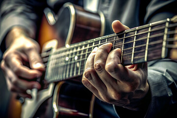 Close-up of Musician's Fingers Playing Guitar