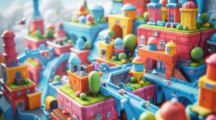 Toy block cityscape with colorful buildings and playful architectural elements.
