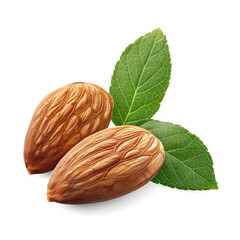 Almonds with almond leaves healthy snack isolated on a white background, showcasing their natural organic and raw quality, AI generated, PNG transparent with shadow