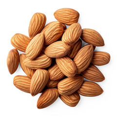 Almonds pile healthy snack isolated on a white background, showcasing their natural organic and raw quality, AI generated, PNG transparent with shadow