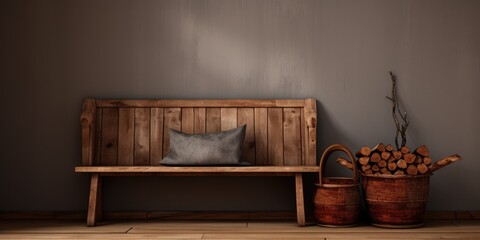 Corner of room has wooden bench with black basket holding fir and firewood beneath it.