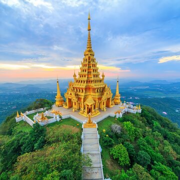 Temple on mountain top at Khao Wang Palace during festival, Petchaburi, Thailand