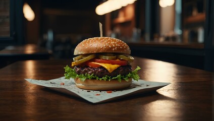 A burger is displayed on the table