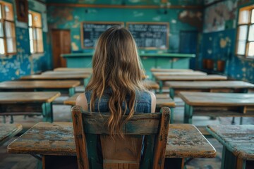 Back view of a woman contemplating in a rustic classroom with wooden desks and blackboard evoking memories