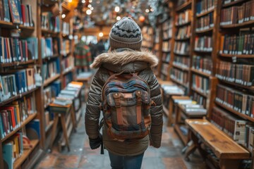 A person stands in a cozy library aisle, surrounded by towering bookshelves and warm lighting - Powered by Adobe