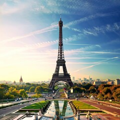 The Eiffel Tower and vintage buildings in Paris, France