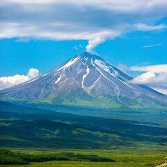 Summer view of volcano on Kamchatka, under blue sky with clouds.