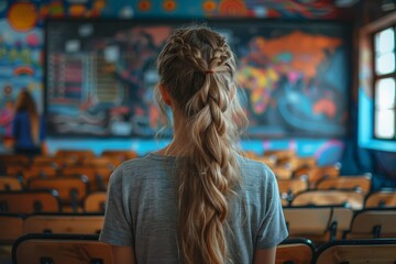 A young girl's braid stands out against the backdrop of a vibrant, colorful wall mural in a...