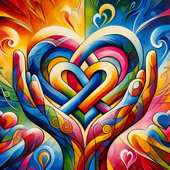 Hearts intertwined with symbols of hope, resilience and unity, to convey themes of strength and solidarity
