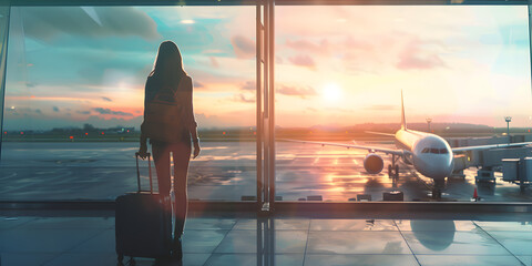 Plan your next adventure, Travel tourist standing with luggage watching sunset at airport window., woman going on a business trip at the airport  - obrazy, fototapety, plakaty