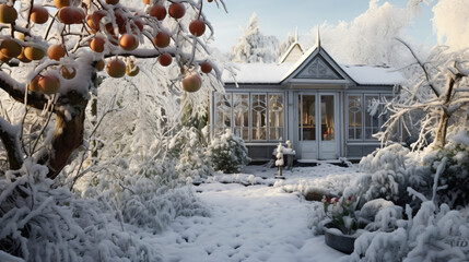 Garden with snow covered green house in winter an plum