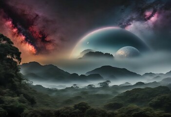 Many moons over an alien landscape