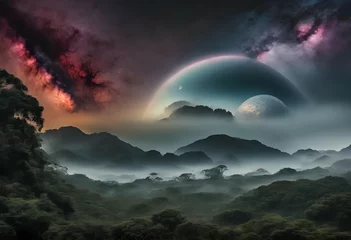 Wandcirkels plexiglas Many moons over an alien landscape © LinzArt