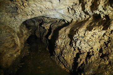 A wild cave or grotto. Mountainous terrain. Summer time of the year.