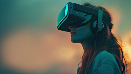 Young Woman Experiencing Virtual Reality at Sunset - obrazy, fototapety, plakaty