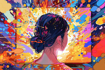 Colorful Artistic Splashes Surrounding a Woman at Work
