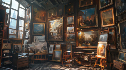 Elegant Art Gallery Interior with Various Classic Paintings - obrazy, fototapety, plakaty