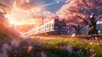 Cherry Blossom Season: Vibrant Orange Train Passing Through a Blossoming Sakura Landscape - Ideal for Travel and Spring Themes