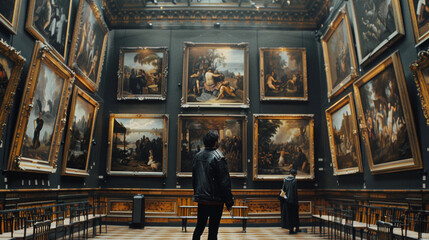 Visitor Contemplating Art in a Classic Museum Gallery - obrazy, fototapety, plakaty