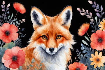 Obraz premium Charming cute red fox with flowers on a black background. Beautiful watercolor illustration. Portrait of a wild forest animal, suitable for clothes, posters, books.