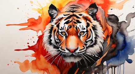 A watercolor painting of a calm and majestic tiger, with an abstract and colorful background