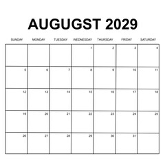 august 2029 calendar. week starts on sunday. printable, simple, and clean vector calendar design.