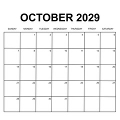 october 2029 calendar. week starts on sunday. printable, simple, and clean vector calendar design.