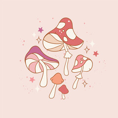 
Hand drawn vector groovy psychedelic vintage mushrooms and stars. Perfect for summer t-shirt logo design, greeting card, poster, invitation or nursery print.
