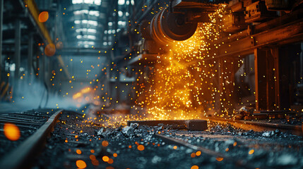 Intense Forge Workers Amidst Fiery Sparks and Molten Metal