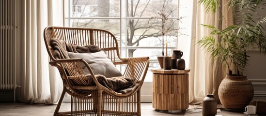 A rattan chair with accessories in a stylish setting - obrazy, fototapety, plakaty