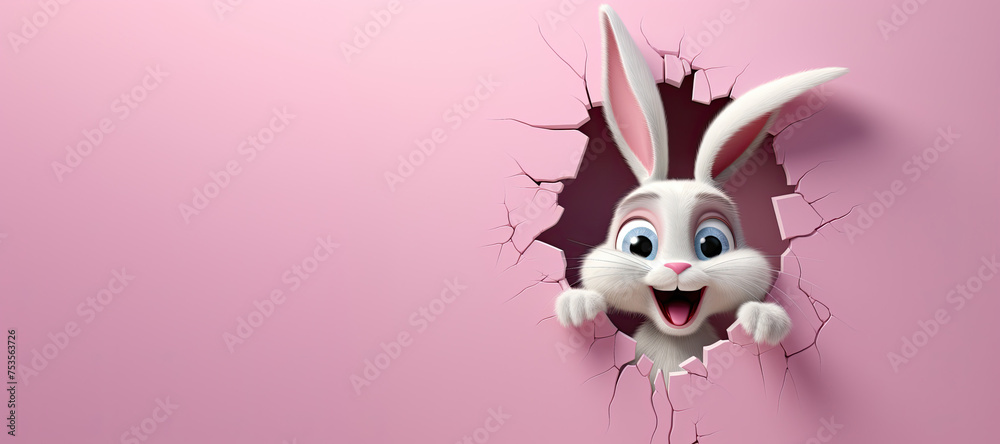 Wall mural Cute Cartoon Easter Bunny Breaking though a Wall with Space for Copy - Wall murals