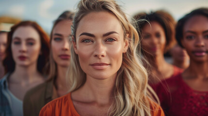 Obraz premium A group of different women standing together. The camera focuses on the first person