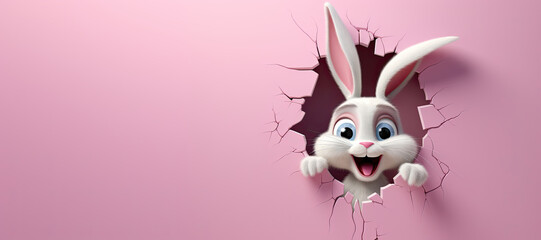 Cute Cartoon Easter Bunny Breaking though a Wall with Space for Copy - obrazy, fototapety, plakaty
